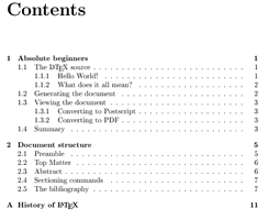 default table of contents as typeset by LaTeX