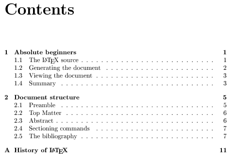 table of contents latex subsection